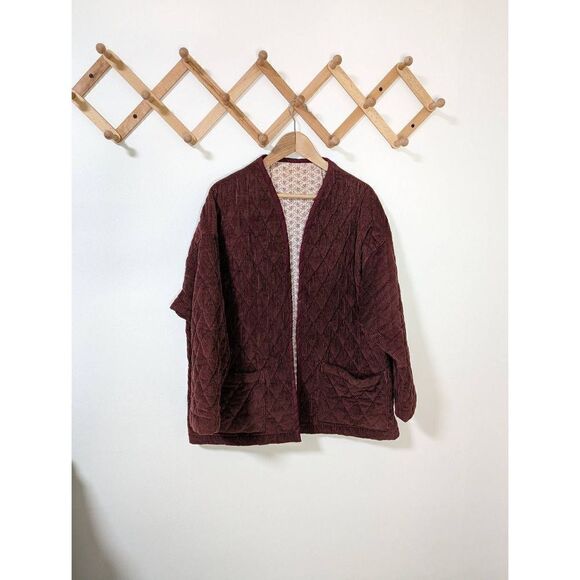 Women's Burgundy Corduroy Quilted Vintage Style Open Front Jacket - Picture 1 of 7